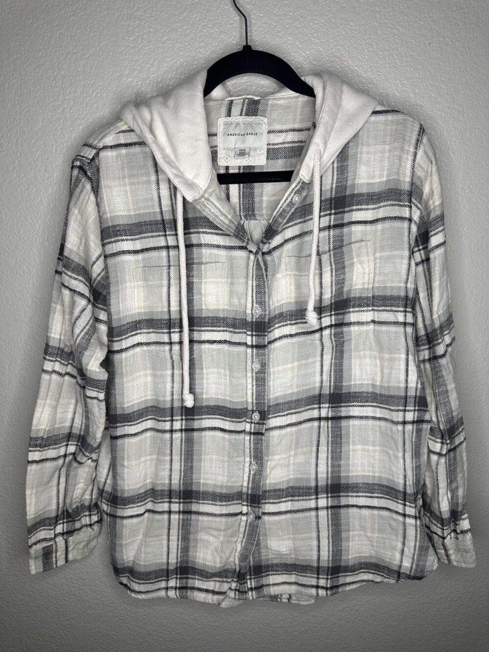 American Eagle Shirt Womens Small White Gray Plaid Hooded Button Front Flannel